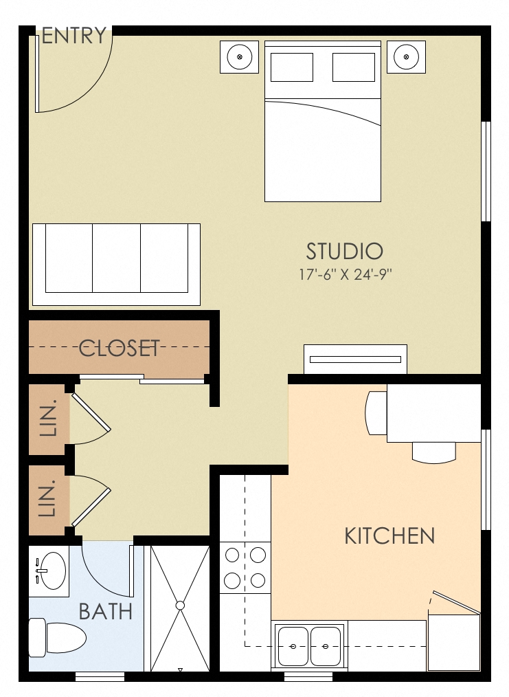 Floor plan for studio, 1 bath, 432 sqft
